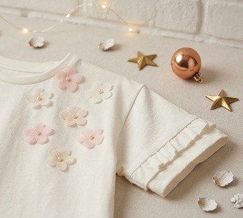 Playera color marfil con flores aplicadas en tonos rosa